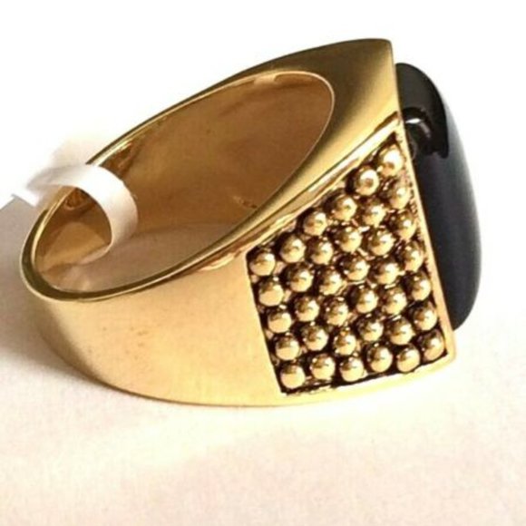 Gold Black Onyx Stone Ring Size 10 11 12 13 Mens Womens Unisex Statement - Picture 5 of 9
